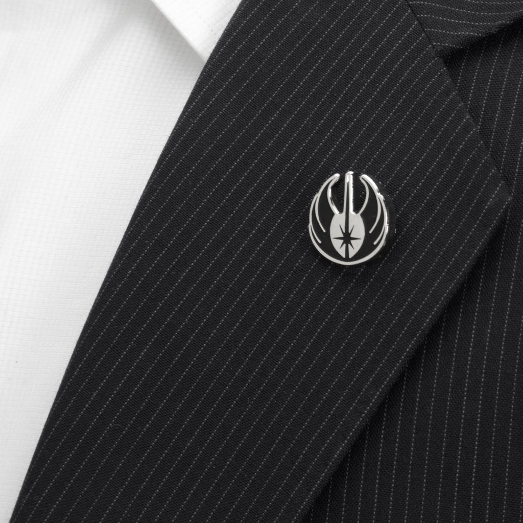 Black pinstripe fabric with silver lapel pin and flame emblem