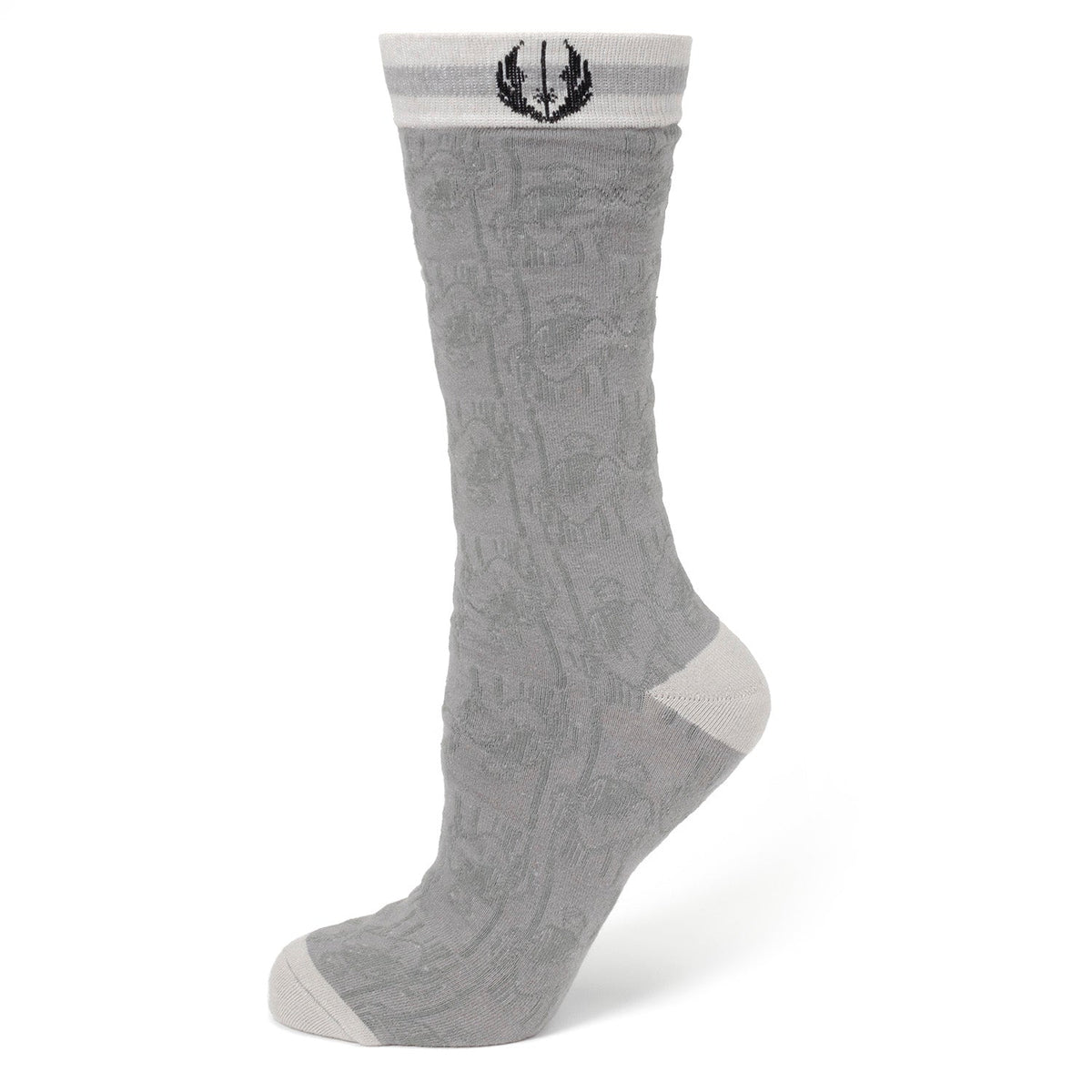 Single gray crew sock with black flame emblem on cuff