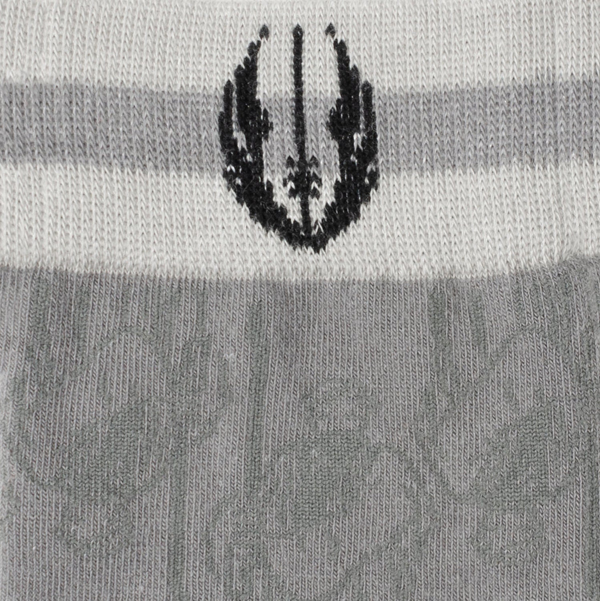 Gray sock cuff with black flame emblem, ribbed striped top