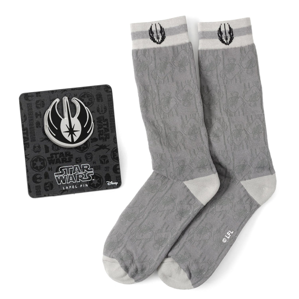 Gray Star Wars socks with black flame emblem and lapel pin card