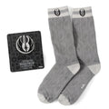 Gray Star Wars socks with black flame emblem and lapel pin card