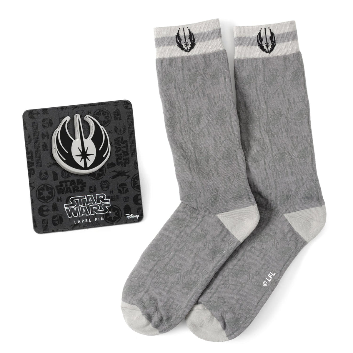 Gray Star Wars socks with black flame emblem and lapel pin card