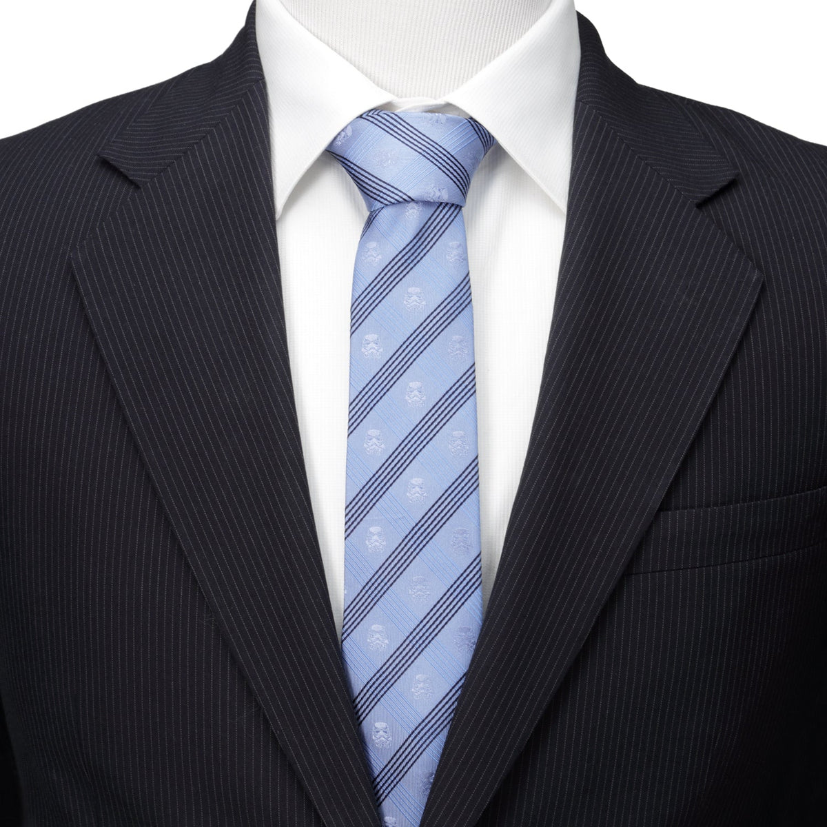 Men's light blue striped necktie paired with white shirt and dark suit jacket