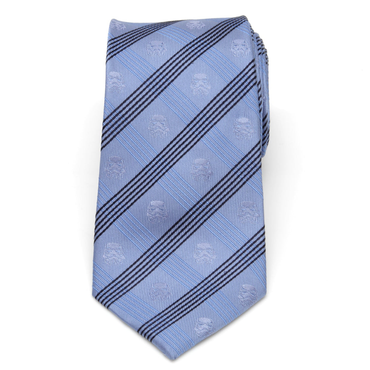 Men's light blue plaid necktie with diagonal stripes and small repeating emblems