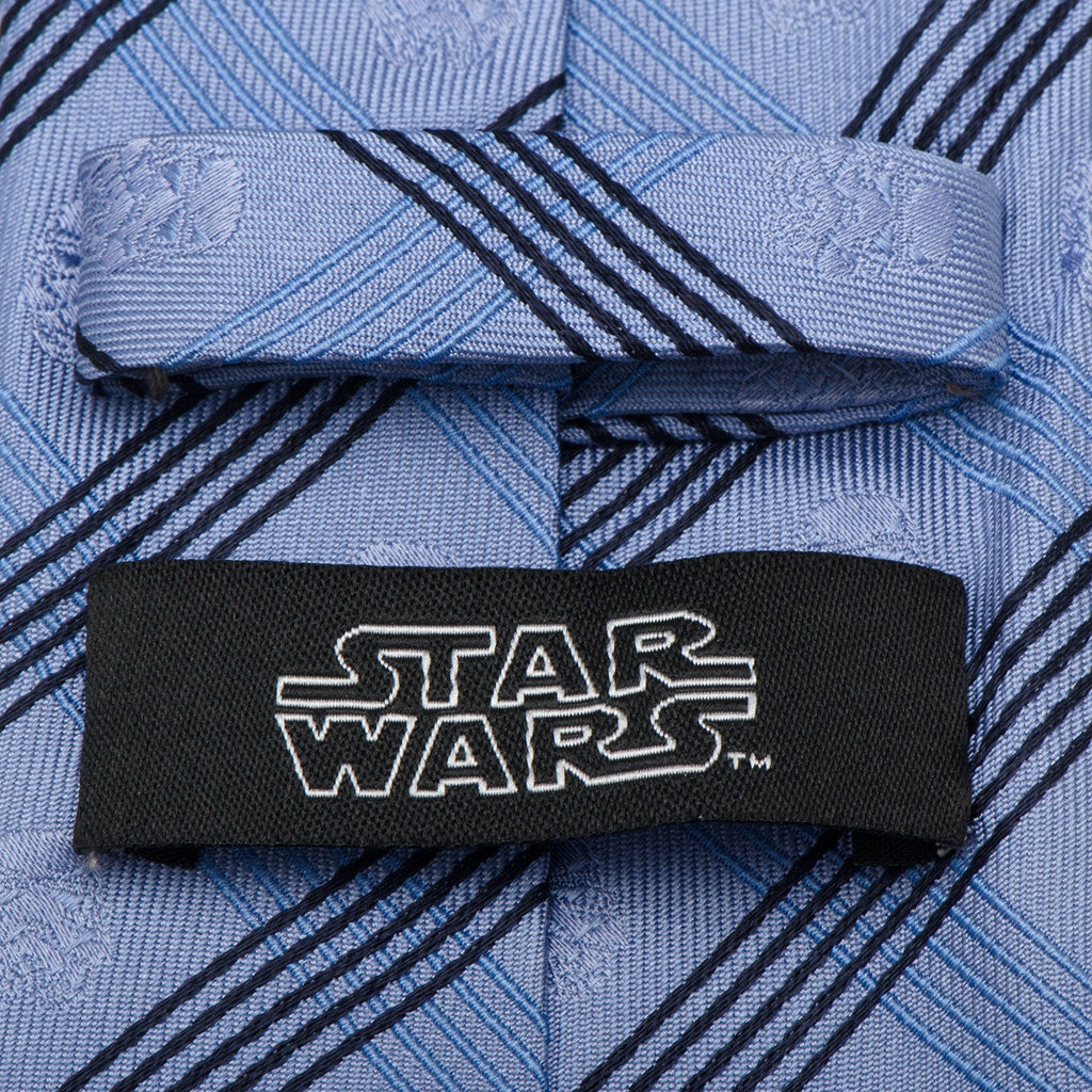 Light blue plaid necktie with black diagonal stripes and Star Wars logo tag