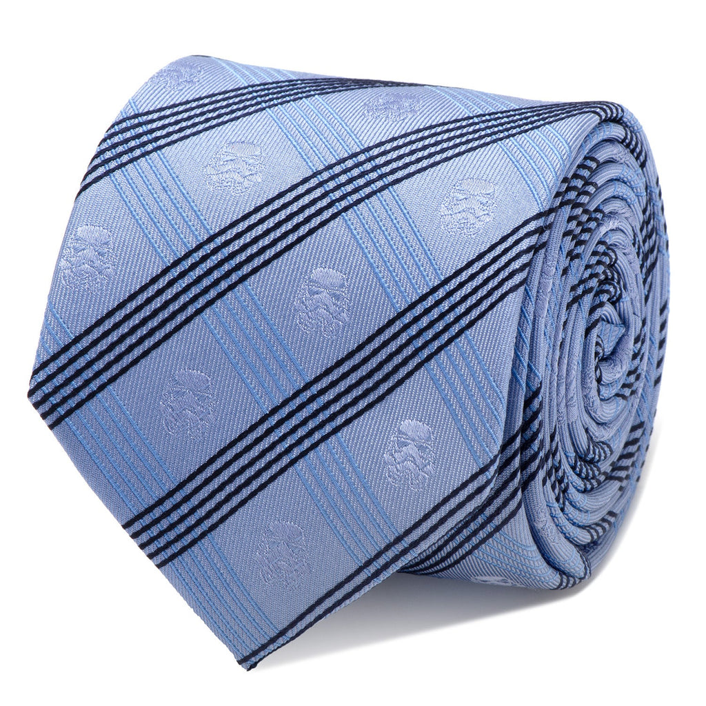 Men's light blue plaid necktie with dark diagonal stripes and small emblem print