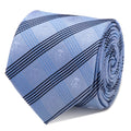 Men's light blue plaid necktie with dark diagonal stripes and small emblem print