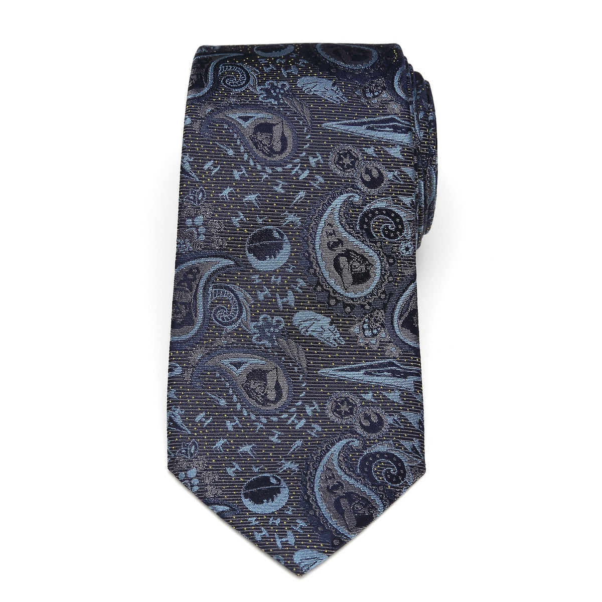 Blue and gray paisley necktie with character icons