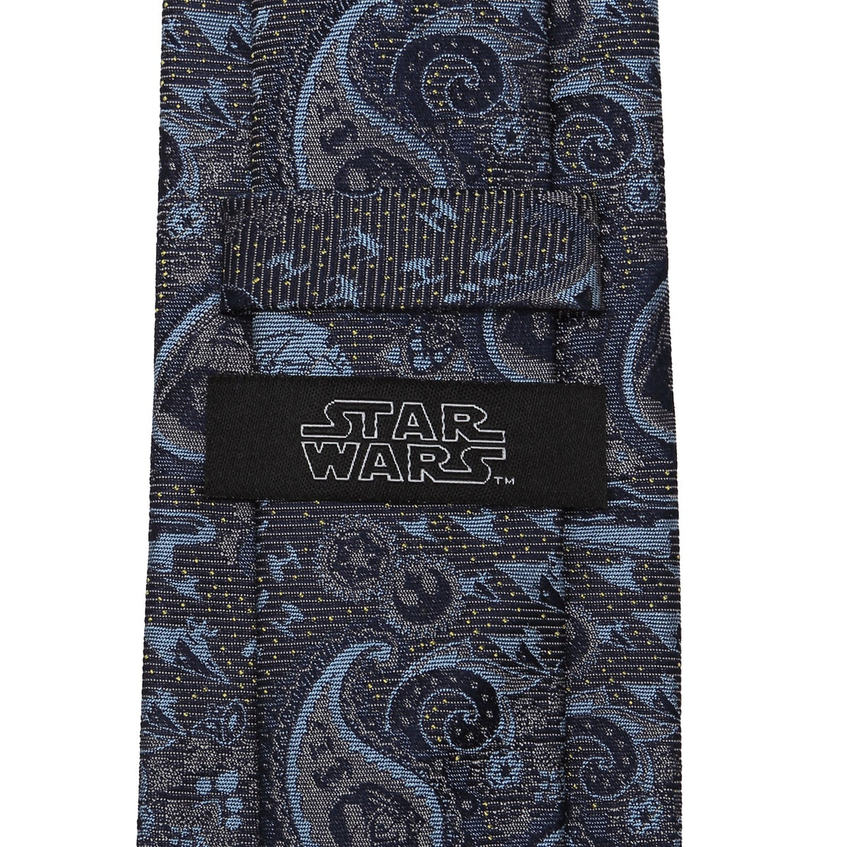 Blue and gray tie with Star Wars logo patch on paisley pattern