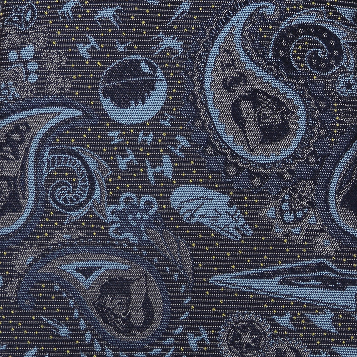 Close-up of blue and gray paisley tie fabric with scattered icons