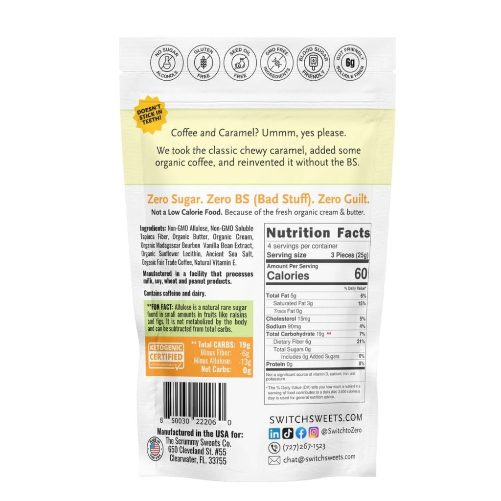 SWITCH® coffee caramels pouch back with nutrition facts and ingredients panel