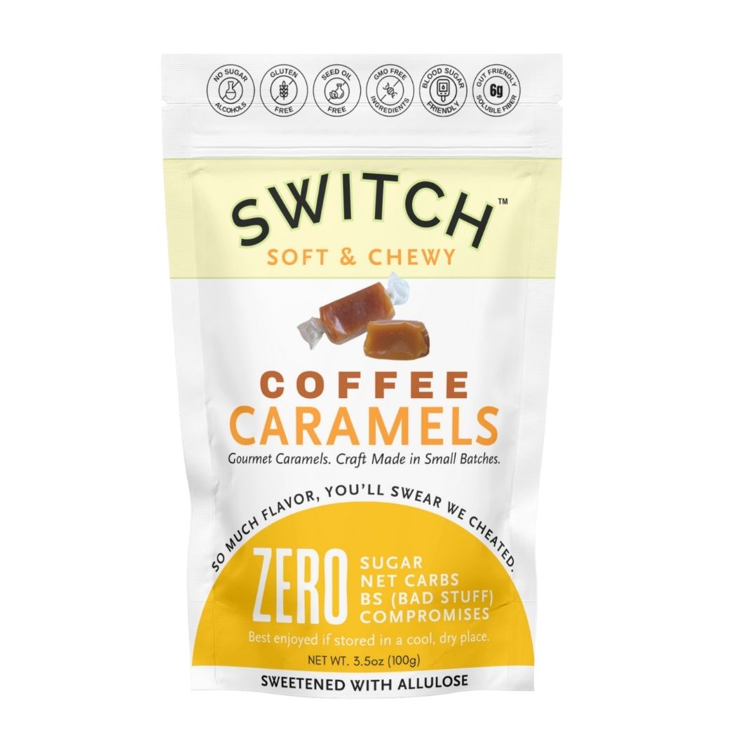 SWITCH® coffee caramels pouch with caramel pieces and flavor label
