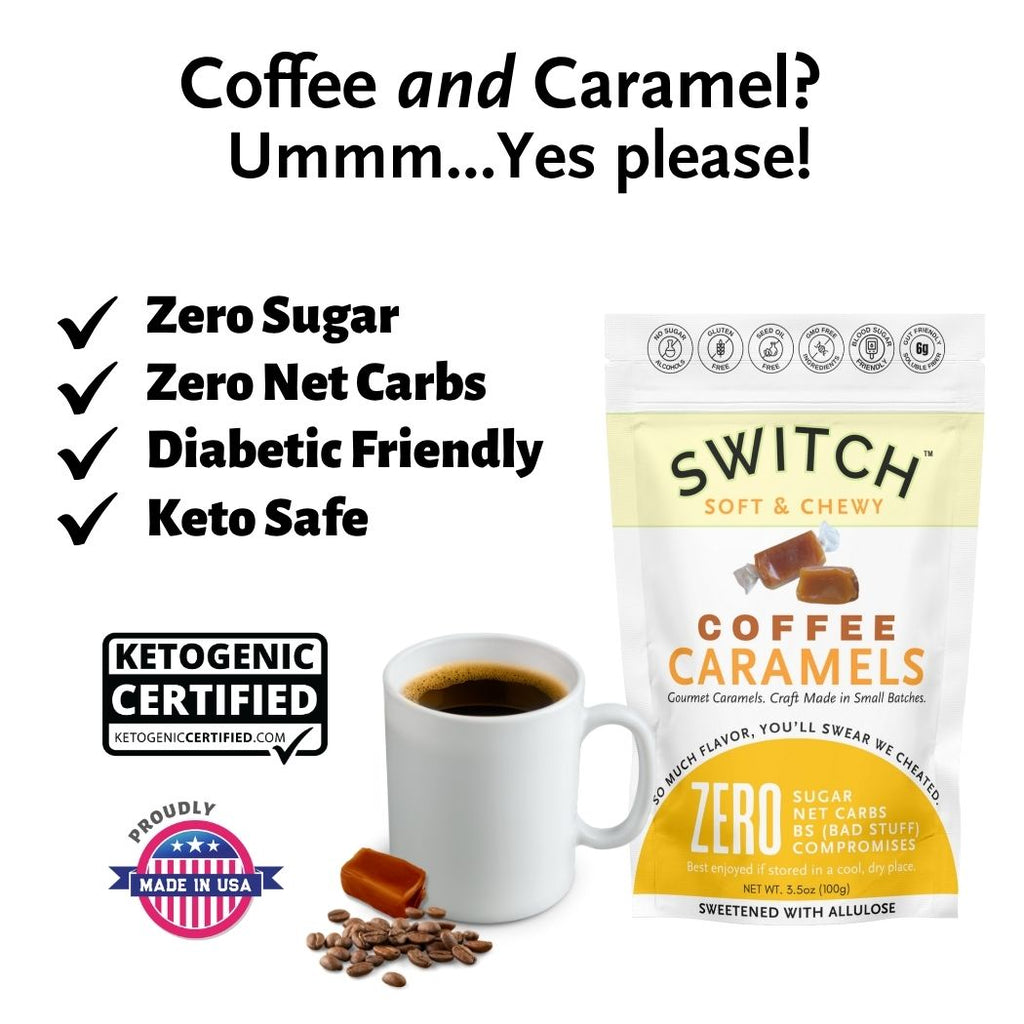 Coffee caramels bag with cup of coffee and coffee beans beside it