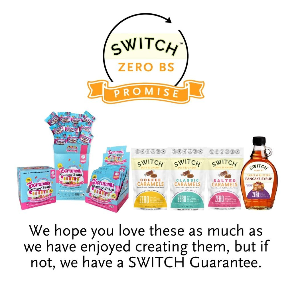 SWITCH® zero BS promise lineup with caramel bags and syrup bottle