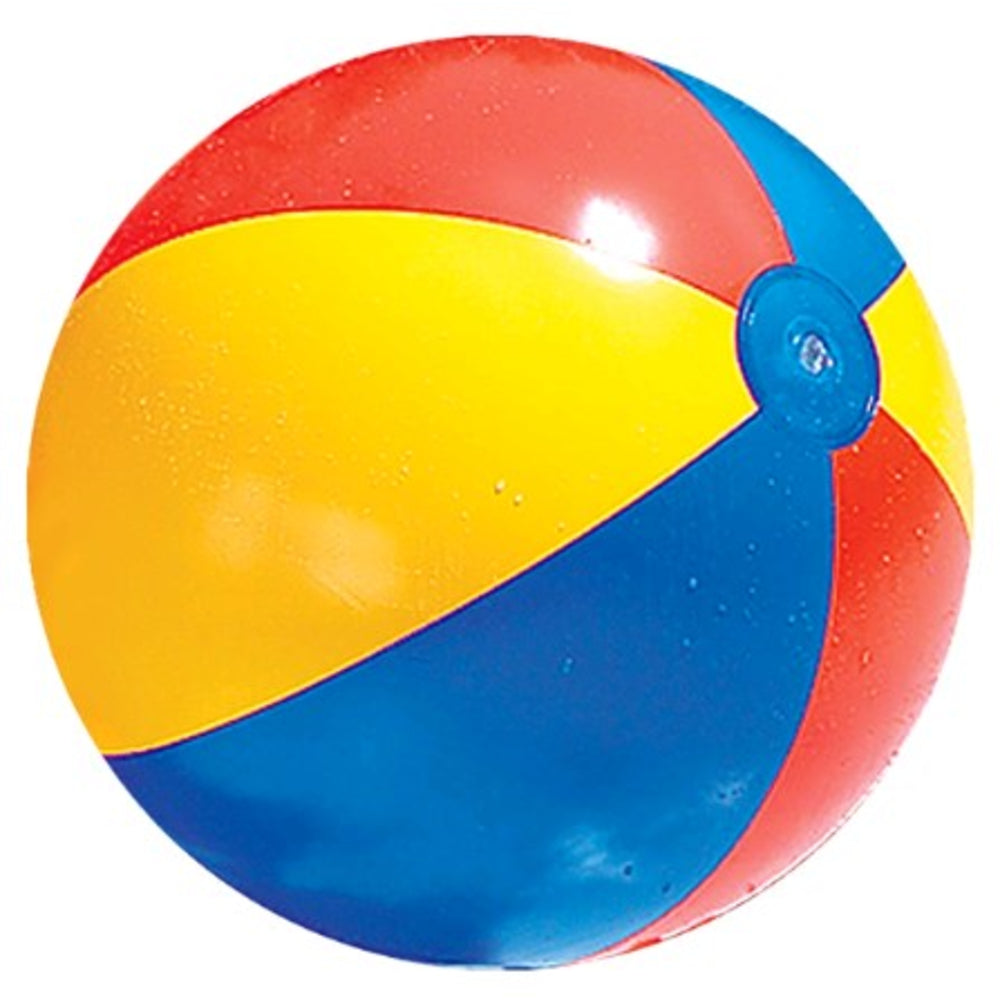 Inflatable beach ball close-up with valve, red yellow blue panels