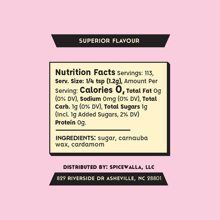 Cardamom sugar seasoning tin back label with nutrition facts and ingredient list