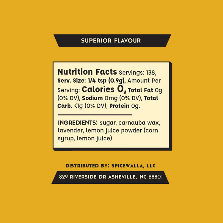 Lavender Lemon Sugar seasoning label with nutrition facts and ingredients