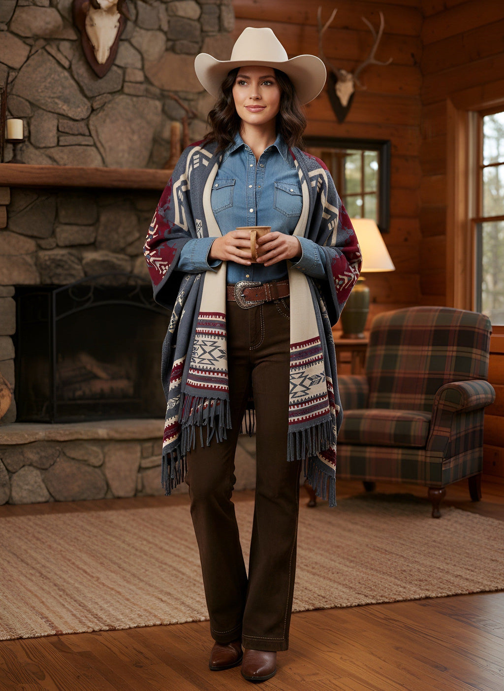 Reversible southwest shawl wrap with navy, tan, red geometric print and long fringe
