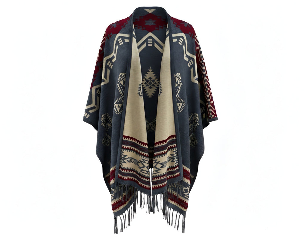 Reversible shawl wrap with geometric southwestern pattern and tassel fringe