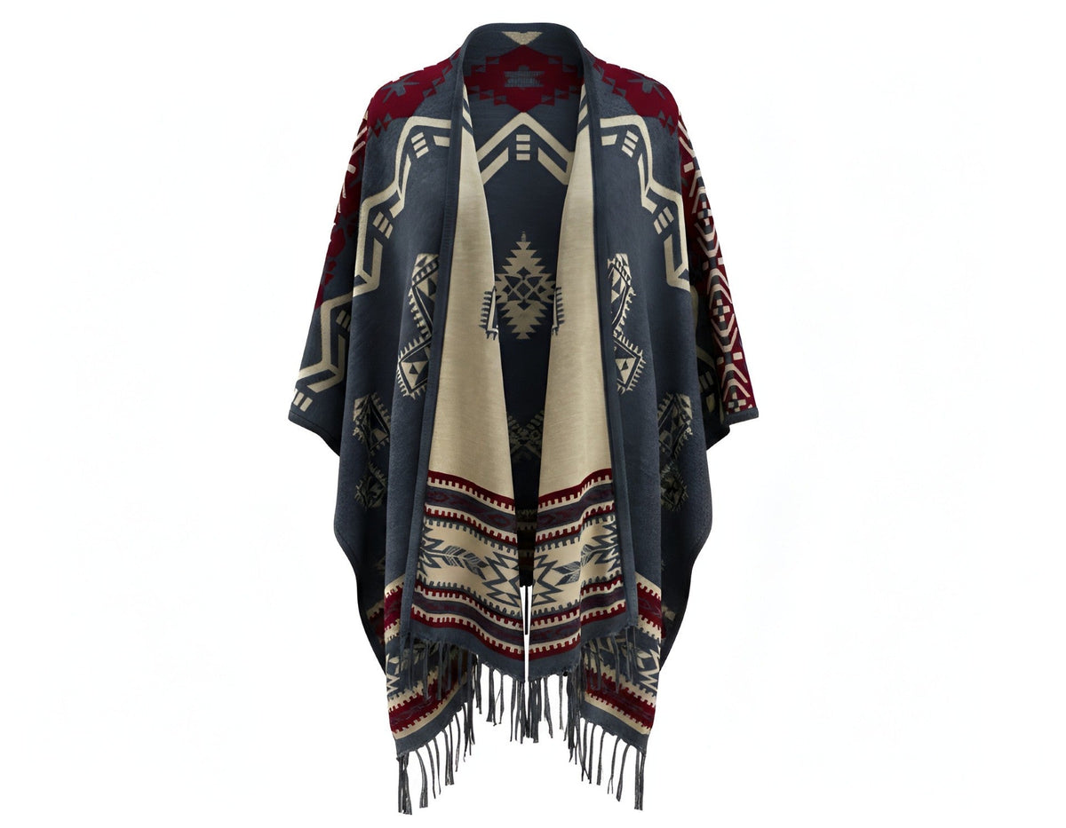 Reversible shawl wrap with geometric southwestern pattern and tassel fringe