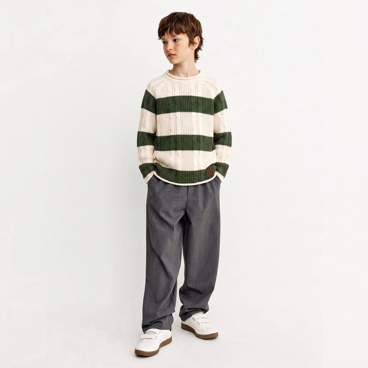 Kids striped cable knit roll neck sweater, cream with dark green horizontal bands