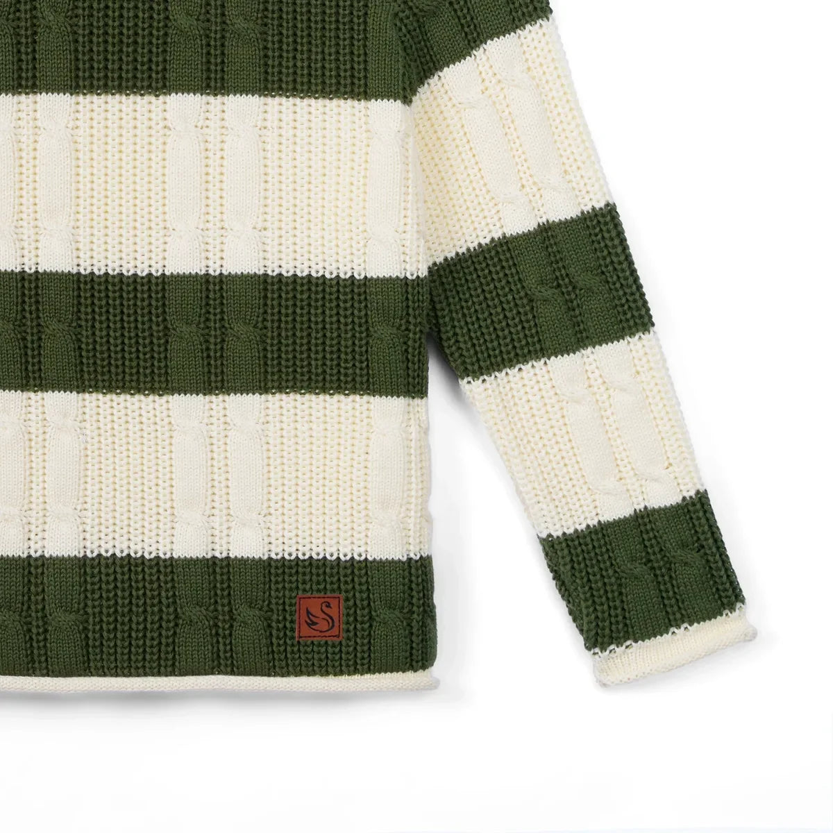Hem and cuff of striped cable knit sweater, cream and dark green, S logo tag