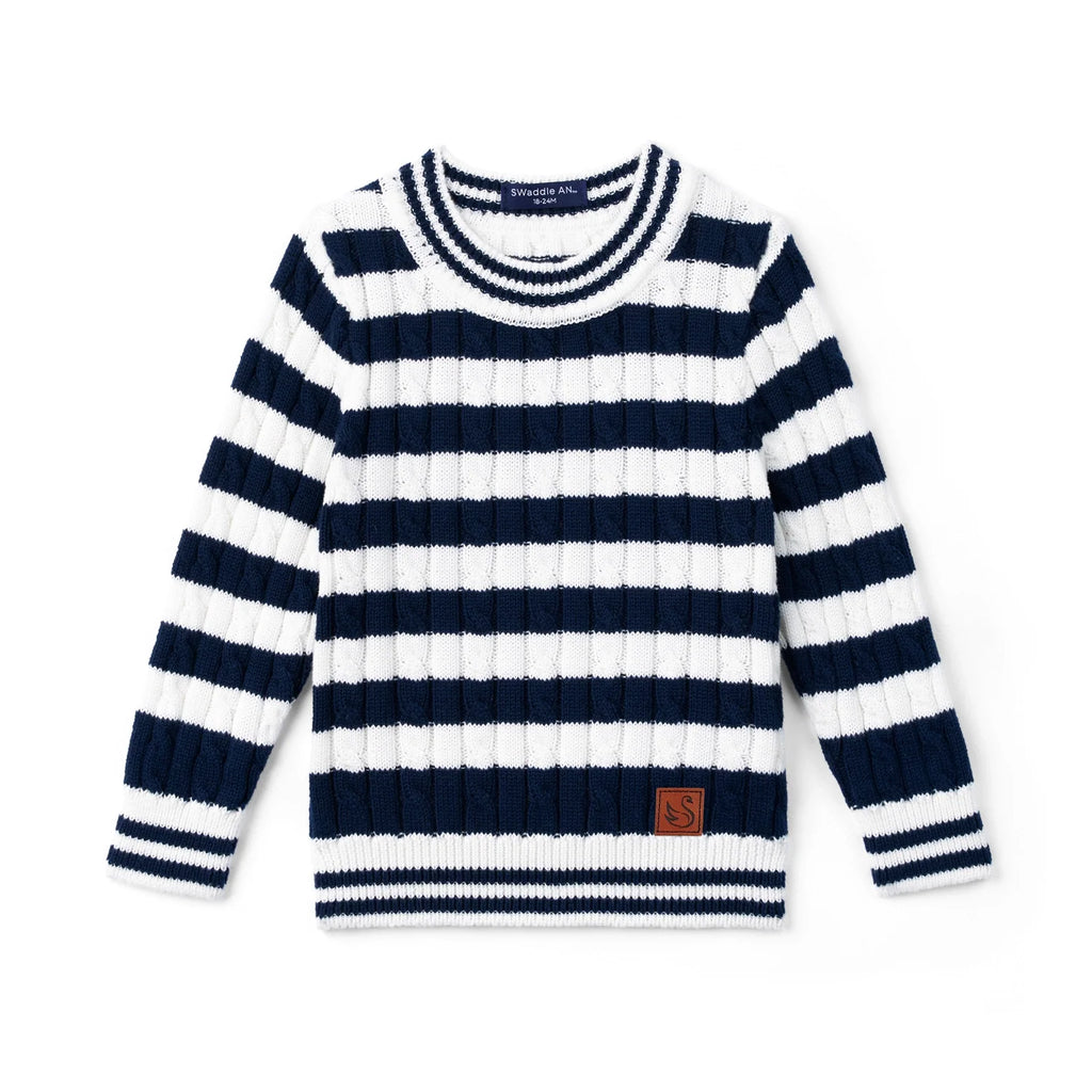 Kids cable-knit striped sweater with navy-and-white bands, crew neck, ribbed cuffs