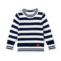 Kids cable-knit striped sweater with navy-and-white bands, crew neck, ribbed cuffs