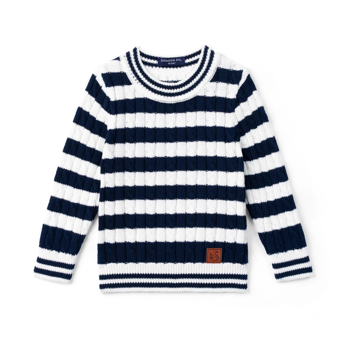 Kids cable-knit striped sweater with navy-and-white bands, crew neck, ribbed cuffs