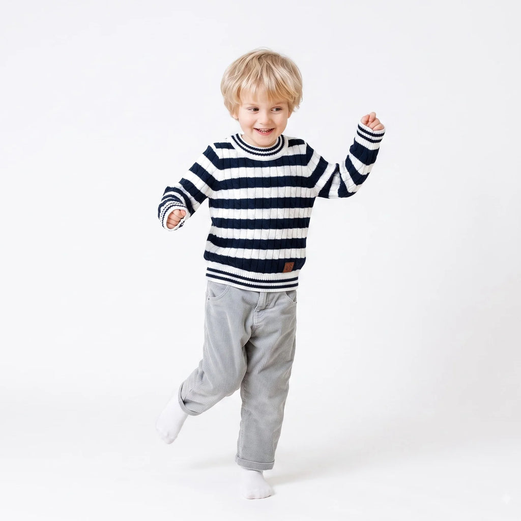 Kids striped sweater on toddler, navy-and-white knit with ribbed crew neck and cuffs