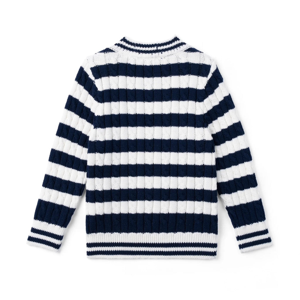 Kids cable-knit striped sweater, navy-and-white horizontal stripes, crew neck