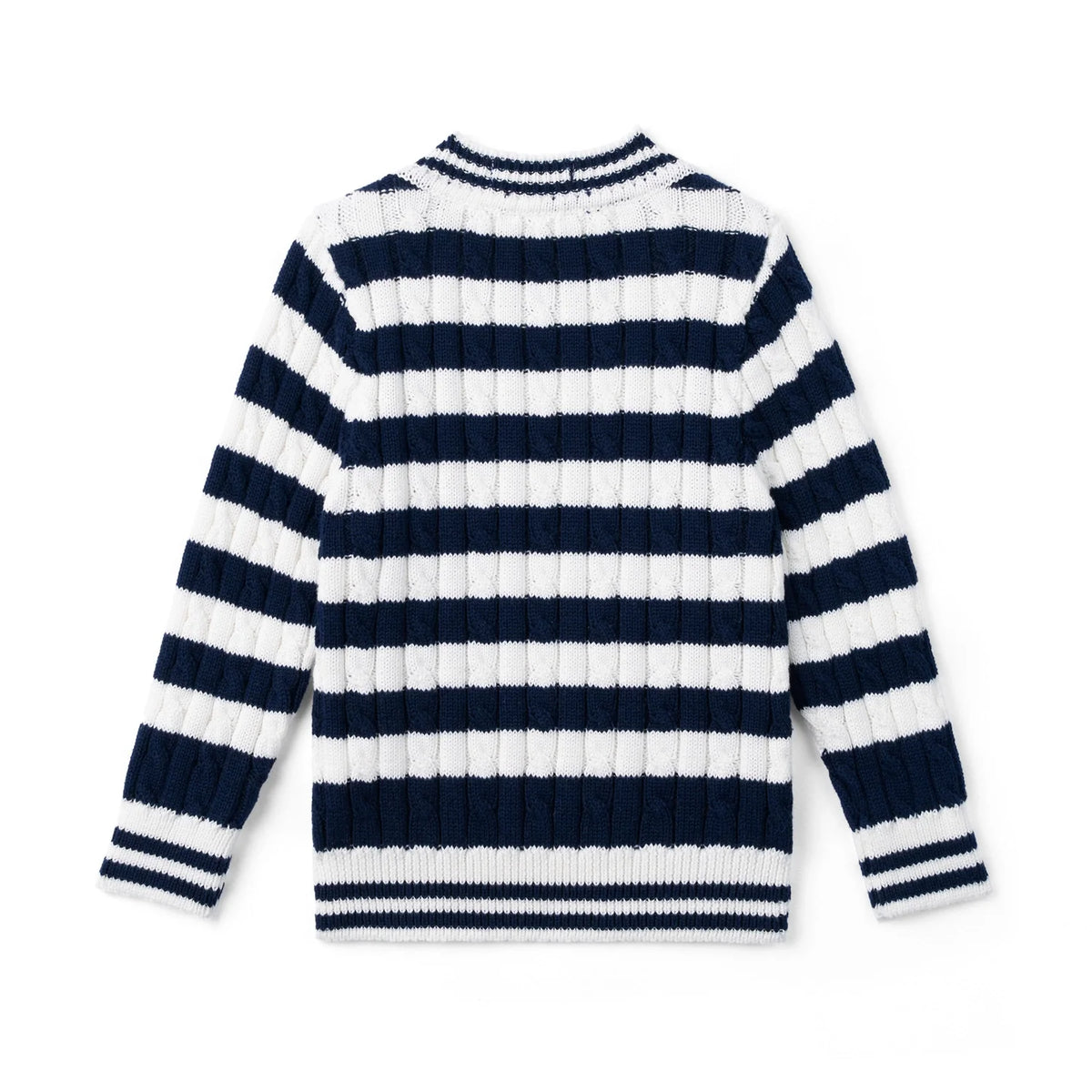 Kids cable-knit striped sweater, navy-and-white horizontal stripes, crew neck