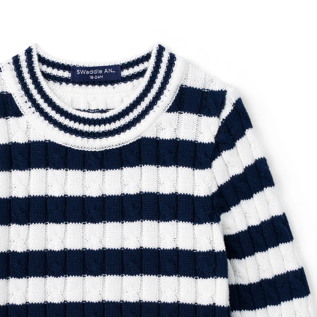 Kids striped crew-neck sweater close-up, navy-and-white horizontal stripes knit