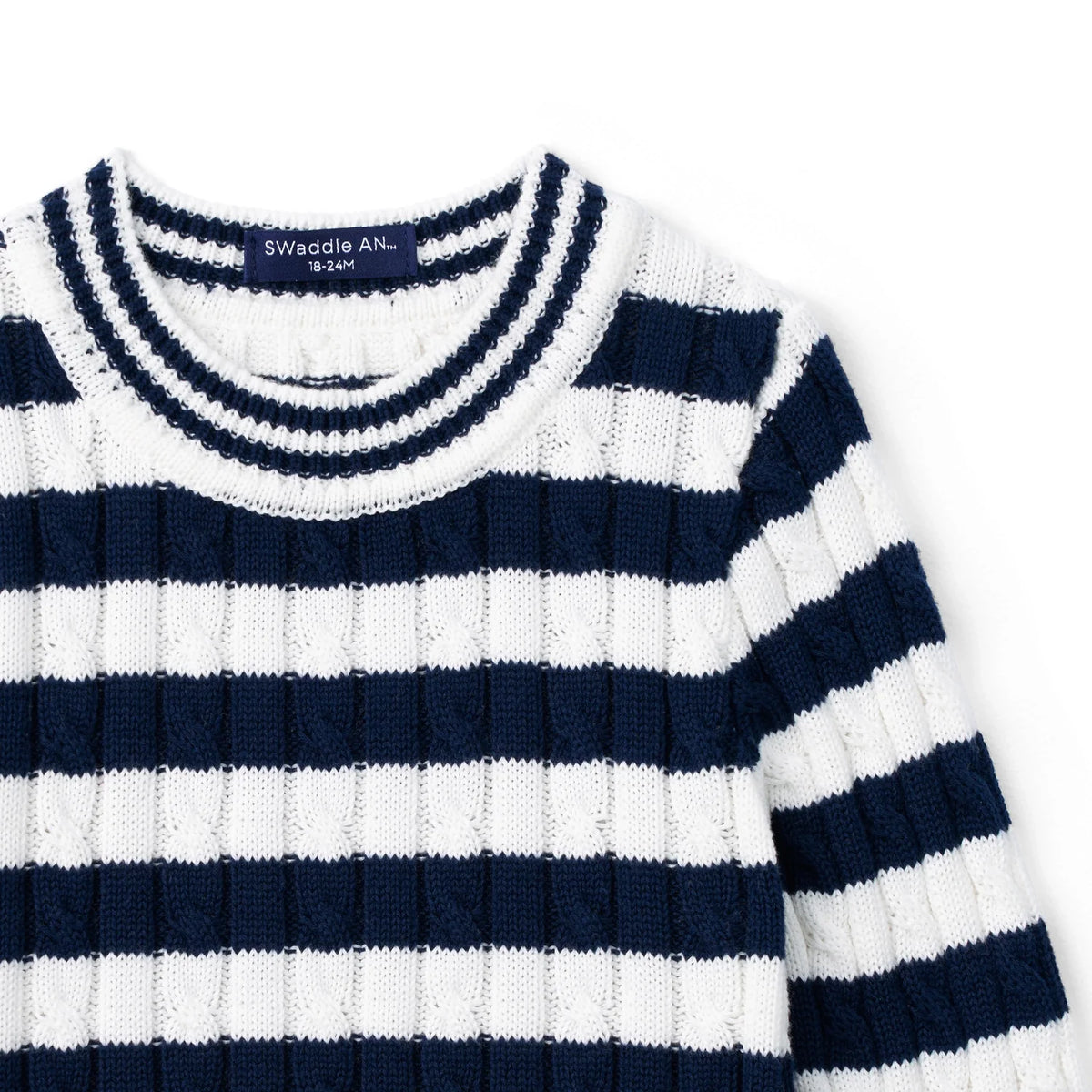 Kids striped crew-neck sweater close-up, navy-and-white horizontal stripes knit