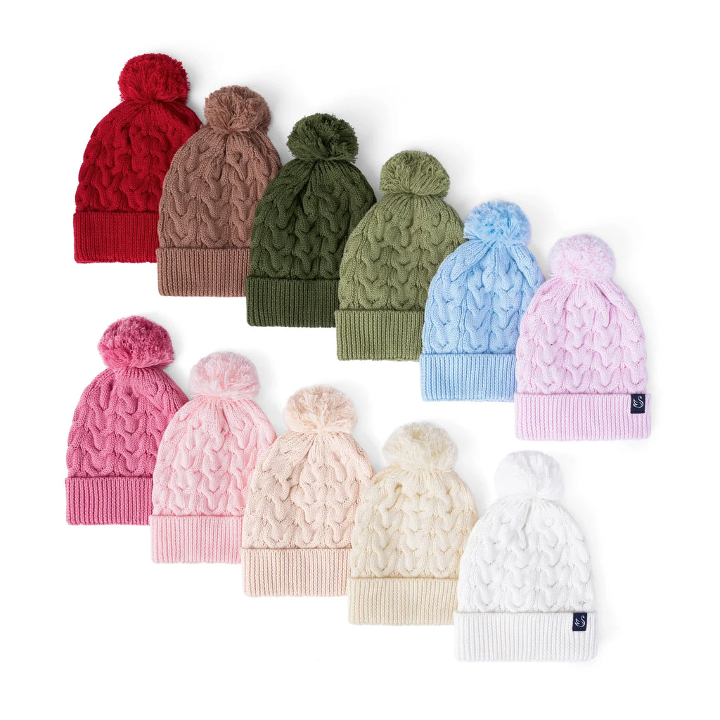 Pom beanie set in assorted colors, each with knit pom top and small logo patch