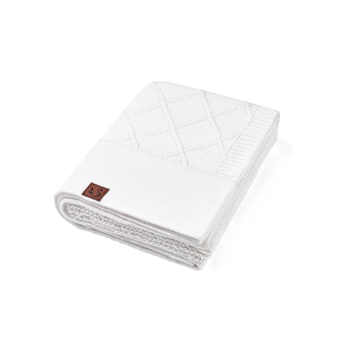 White diamond-stitch knit baby blanket with folded edge and small logo patch