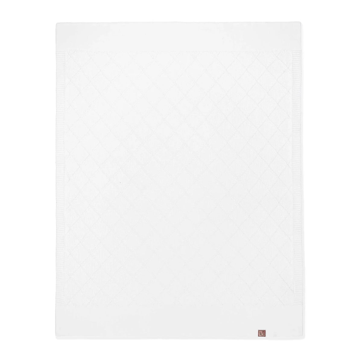 White diamond-stitch knit baby blanket with textured square grid pattern