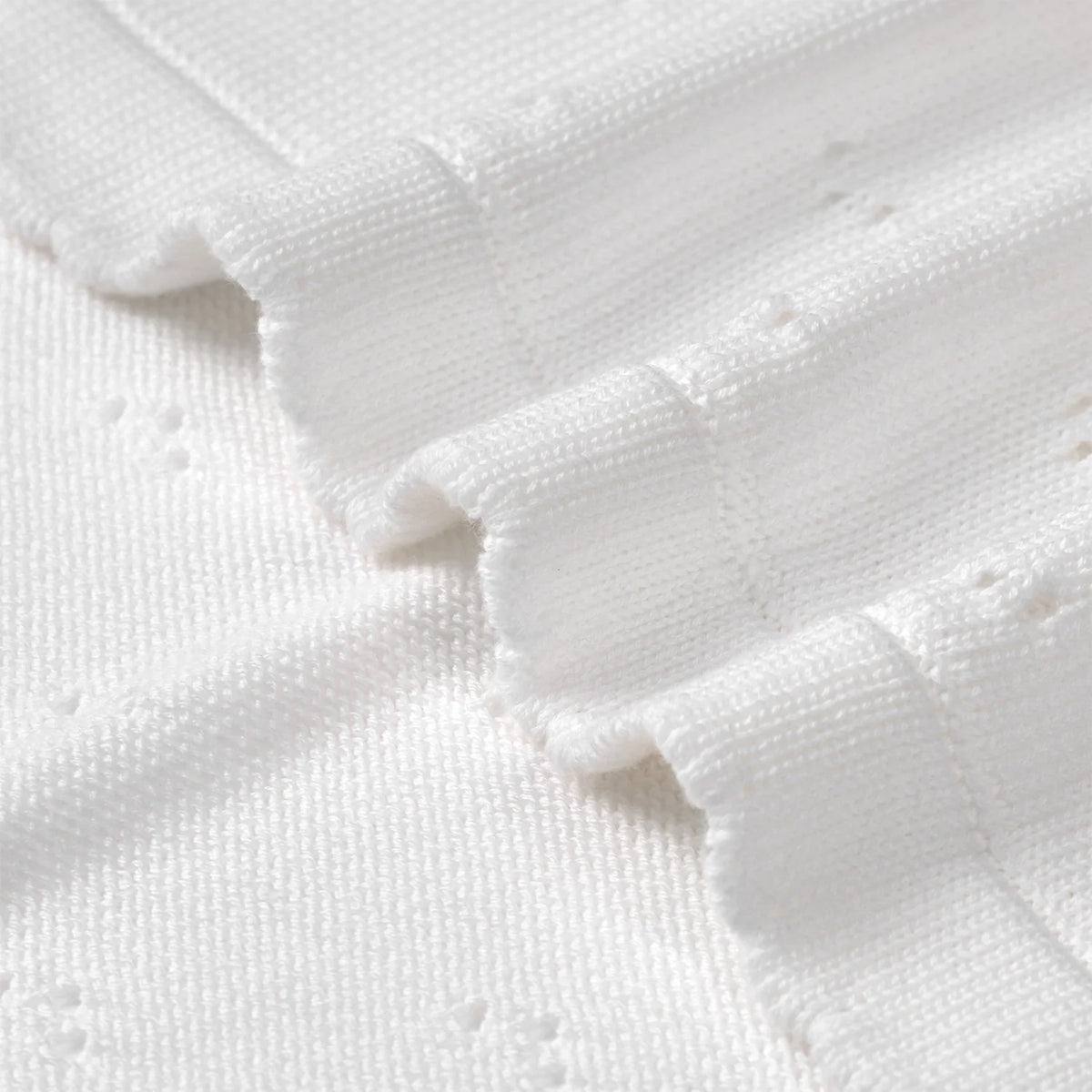 Pointelle baby knit blanket close-up: raised textured knit with small eyelet pattern in white.