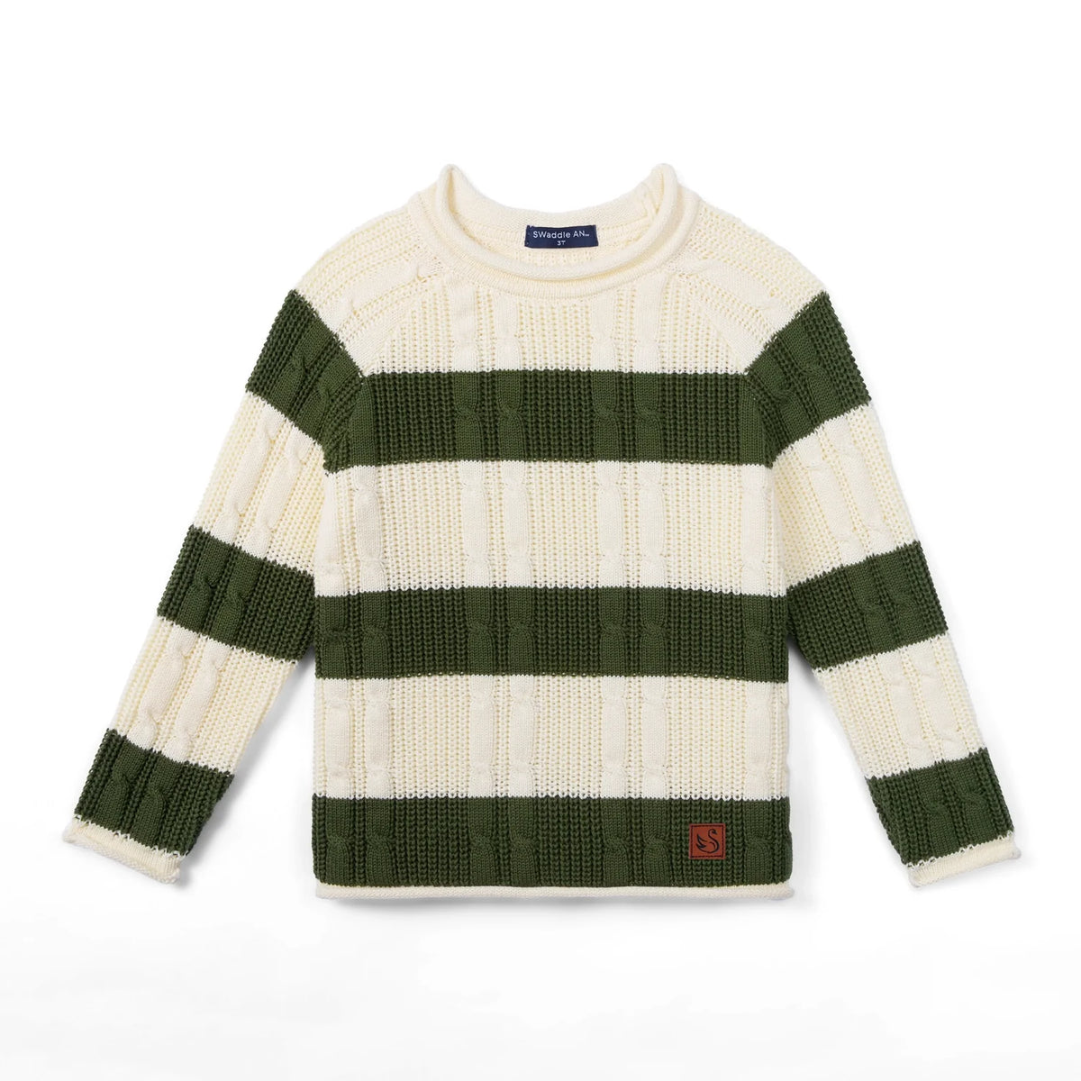 Striped cable knit roll neck sweater, cream with dark green bands, S patch on hem