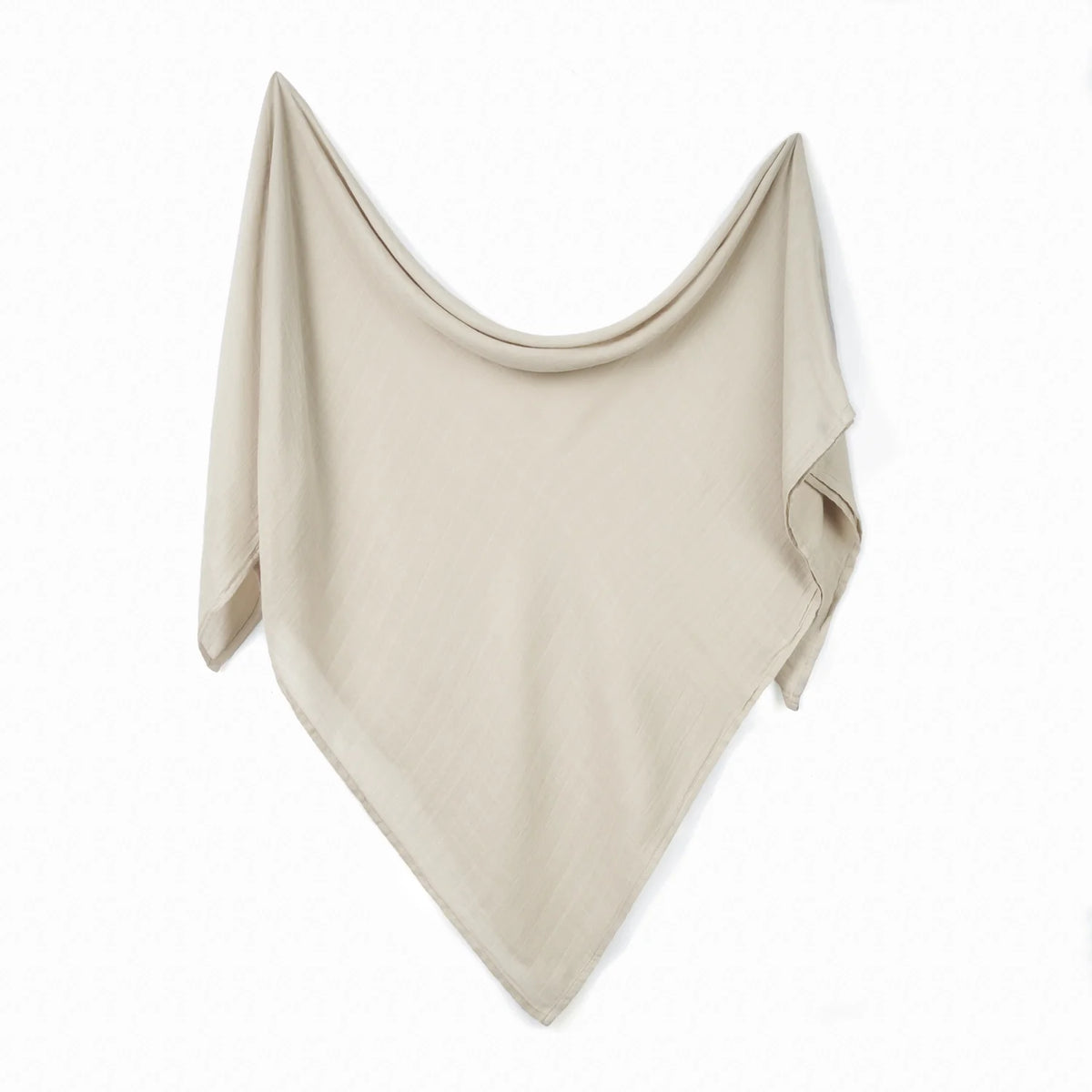Cream baby muslin swaddle blanket with draped triangular shape and stitched edges