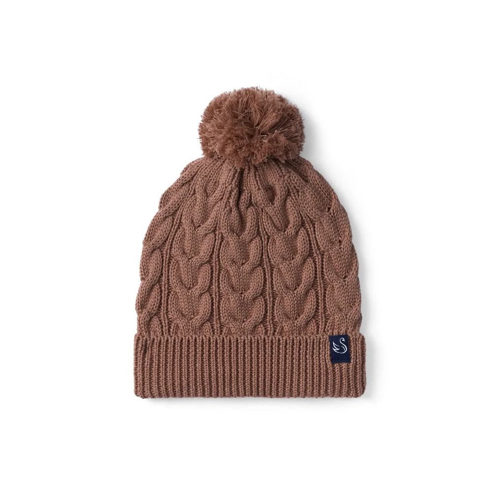 Mocha cable knit pom beanie with chunky textured pattern and soft top pom.