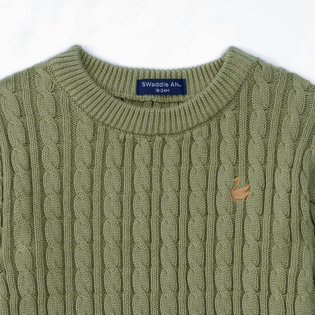 Sage green baby cable-knit sweater with ribbed crew neck and small chest embroidery