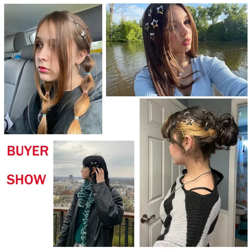 Silver star snap hair clips shown on hairstyles, star-shaped metal barrettes.