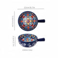 Blue ceramic salad bowl with floral pattern, shown with size measurements
