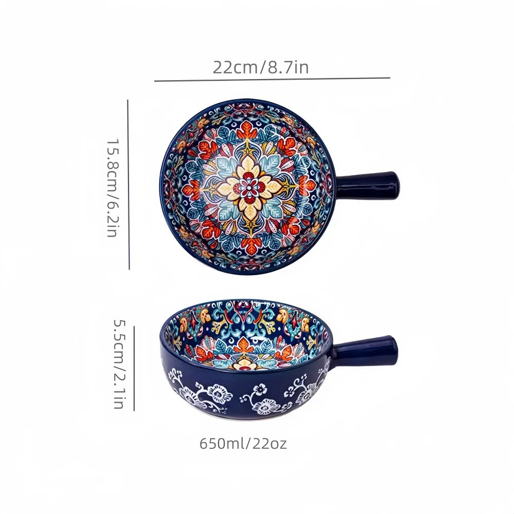 Blue ceramic salad bowl with floral pattern, shown with size measurements
