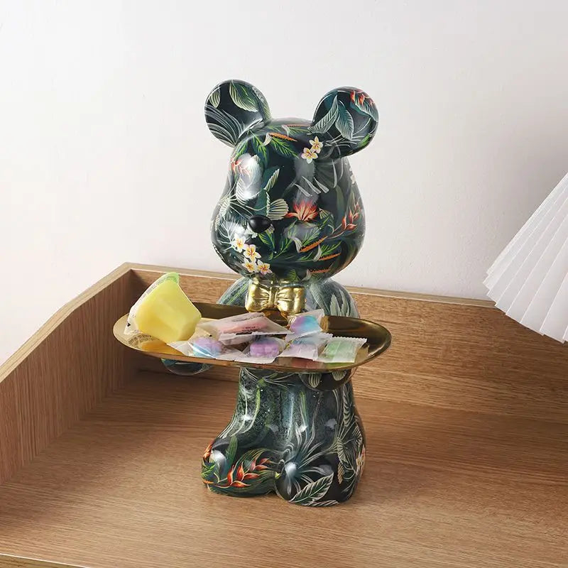 Green-leaf patterned resin bear organizer with gold tray holding small items