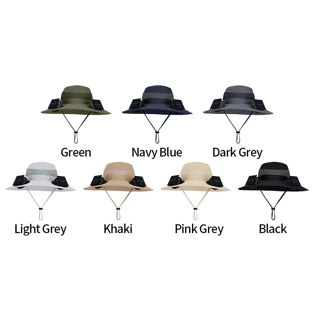 Assorted-color solar fan fisherman hats with wide brim and side solar panels