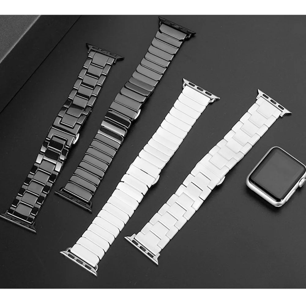 Ceramic link watch band set: white and black flat-link styles with metal clasp