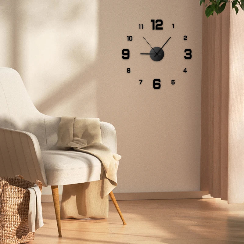Frameless wall clock decal with dark numbers, black hands, and a circular clock face