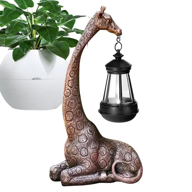 Brown resin giraffe figurine solar lantern with clear glass globe and black top